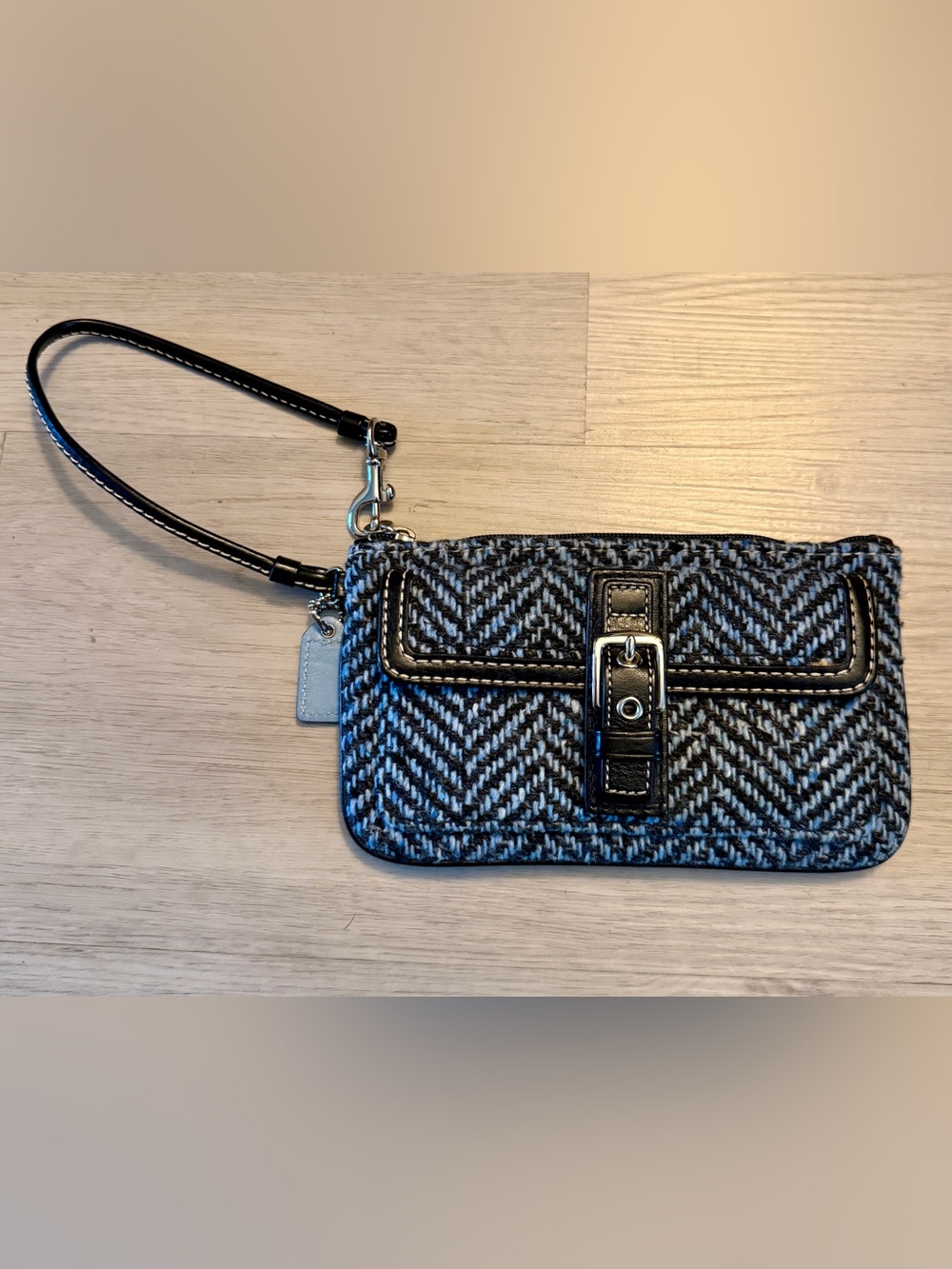Coach Black & White Herringbone Wristlet with Buckle Detail
